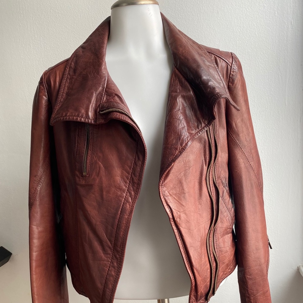 Black Rivet cognac small bomber leather jacket